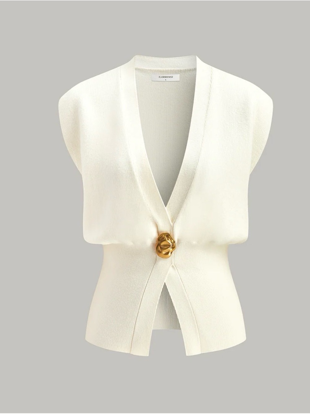 Commense Cream/off white v neck Sleeveless Knit Vest with Gold Knot Detail XS